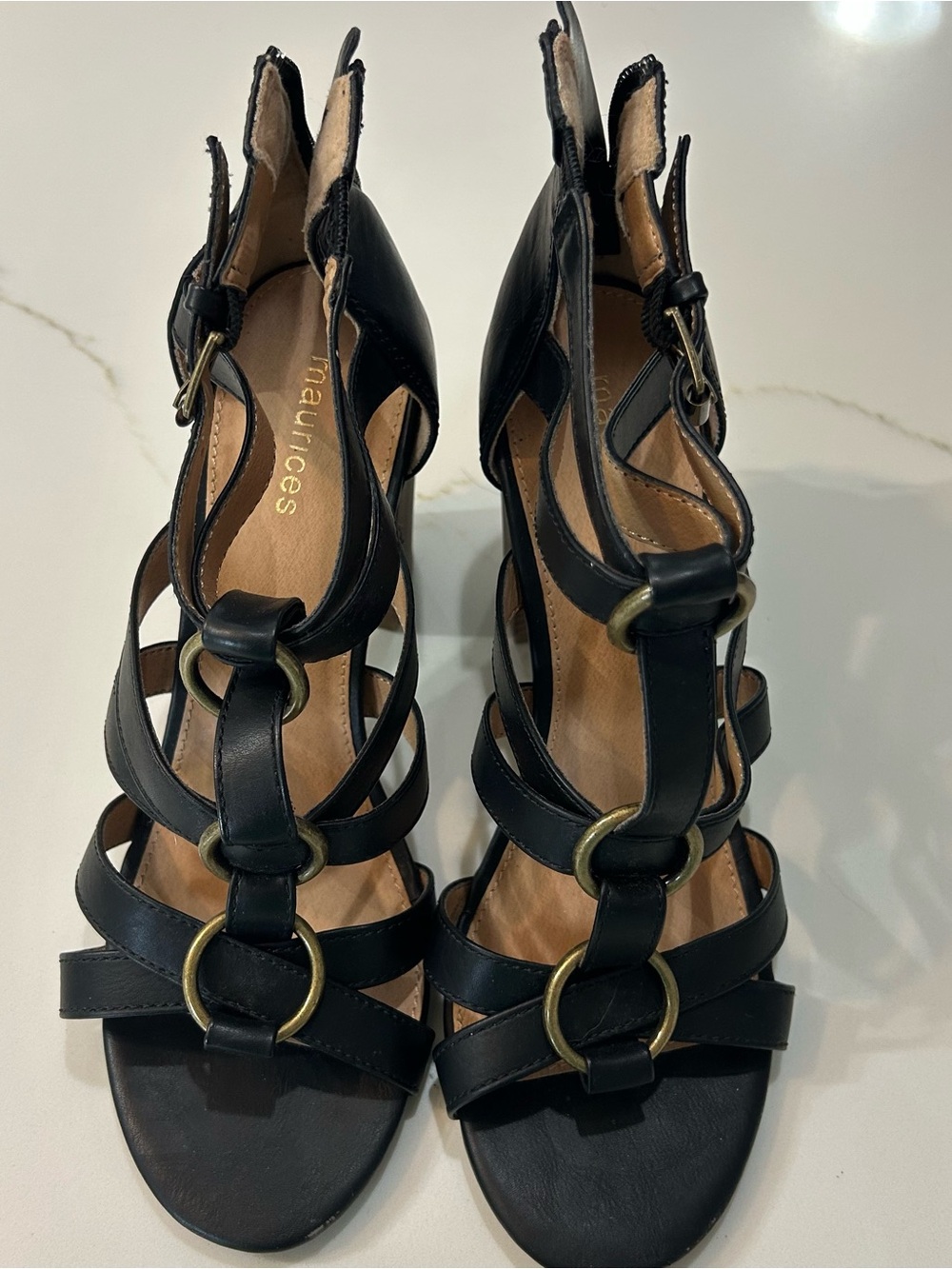 Maurices Black Strappy Heeled Sandals with Antique Gold Rings